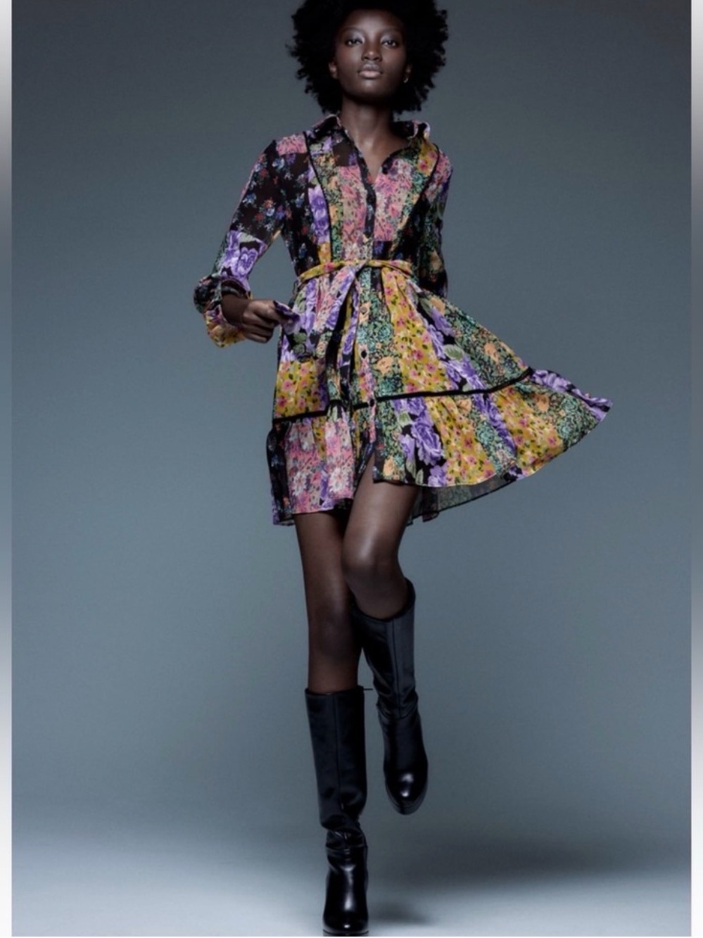 ZARA patchwork fairy whimsigoth multicolored tiered floral flowy dress Sheer S